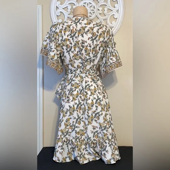 Max studio women’s large 12 14 dress wrap mini white yellow green floral pattern - Picture 6 of 10